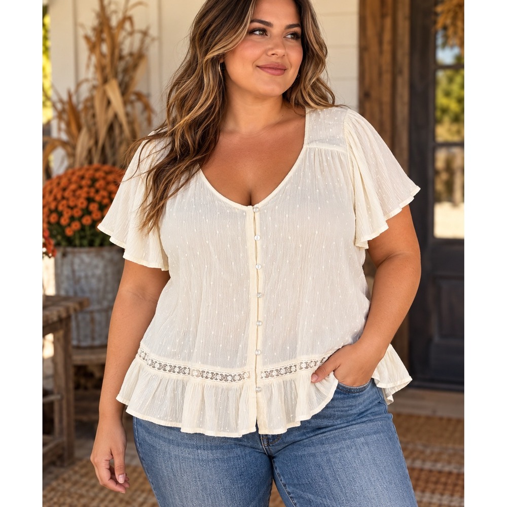 Torrid Women's Size 3 Ivory Swiss Dot Button Front Flutter Sleeve Peplum Blouse